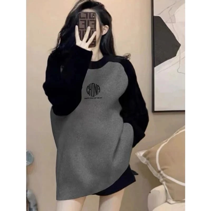 德绒磨毛保暖中长款遮屁股插肩拼接撞色长袖t恤女宽松打底衫秋冬