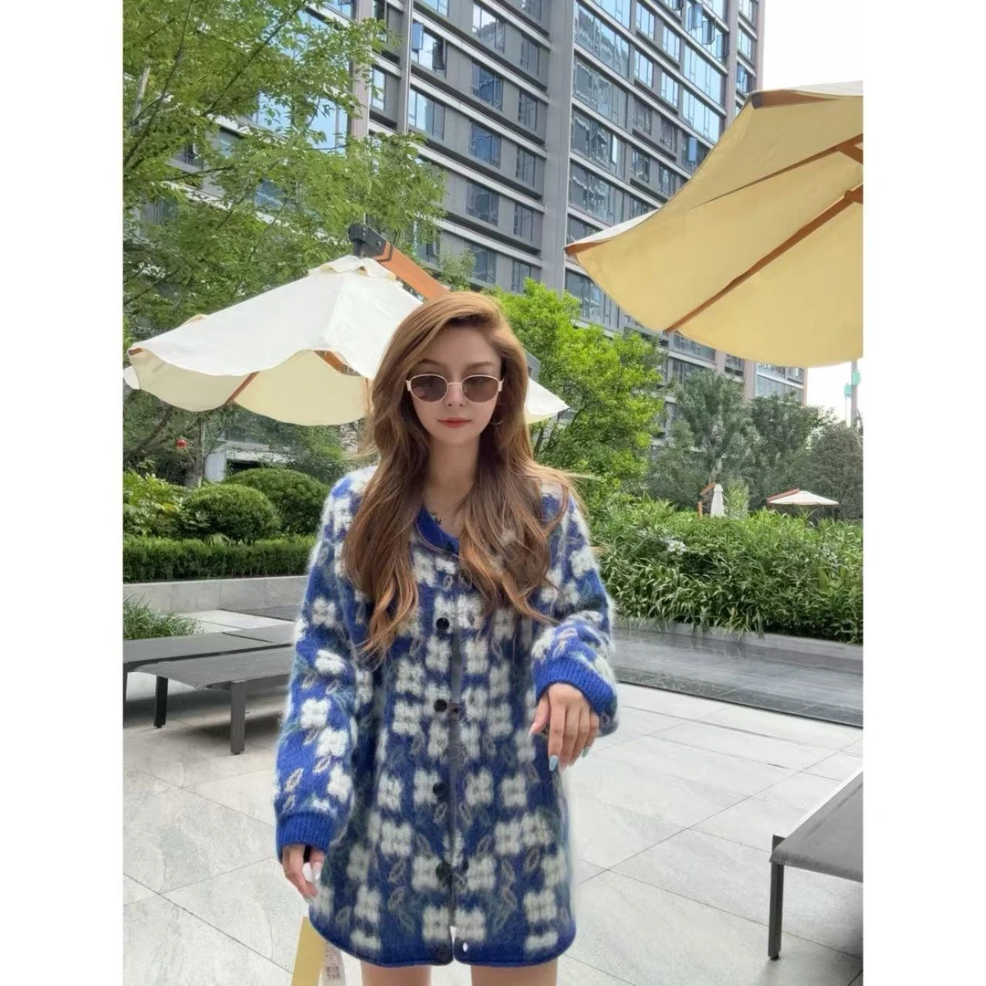 【百分百山羊绒】254307拉绒工艺厚款羊绒开衫花朵提花款慵懒宽松