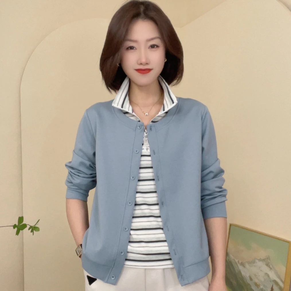 32070夏季新款假两件设计感条纹休闲长袖显瘦打底衫女修身上衣