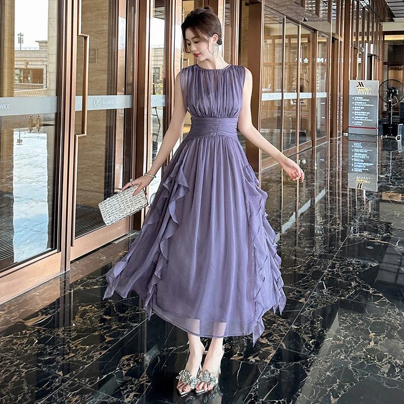 2025夏季新款女装设计感褶皱收腰显瘦荷叶边紫色雪纺连衣裙80175