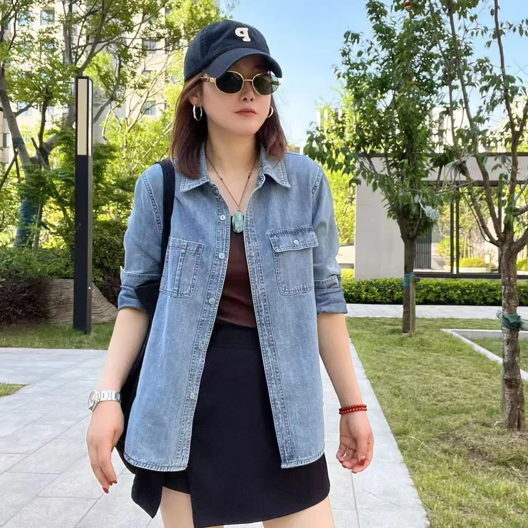 【QQNZ】秋天丝衬衣外搭衬衫薄款遮肉显瘦长袖气质牛仔上衣漂亮小衫