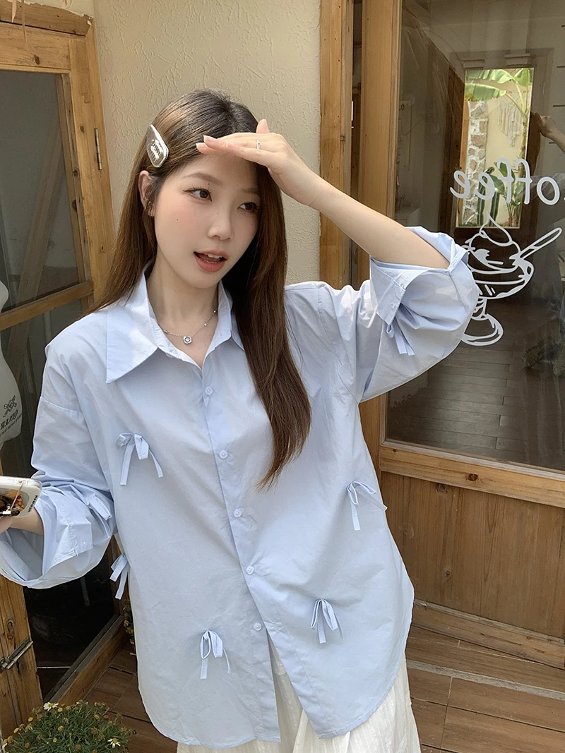 【鱼白专属】【运补6-10】2025夏装新款女韩版别致立体蝴蝶结长袖衬衫