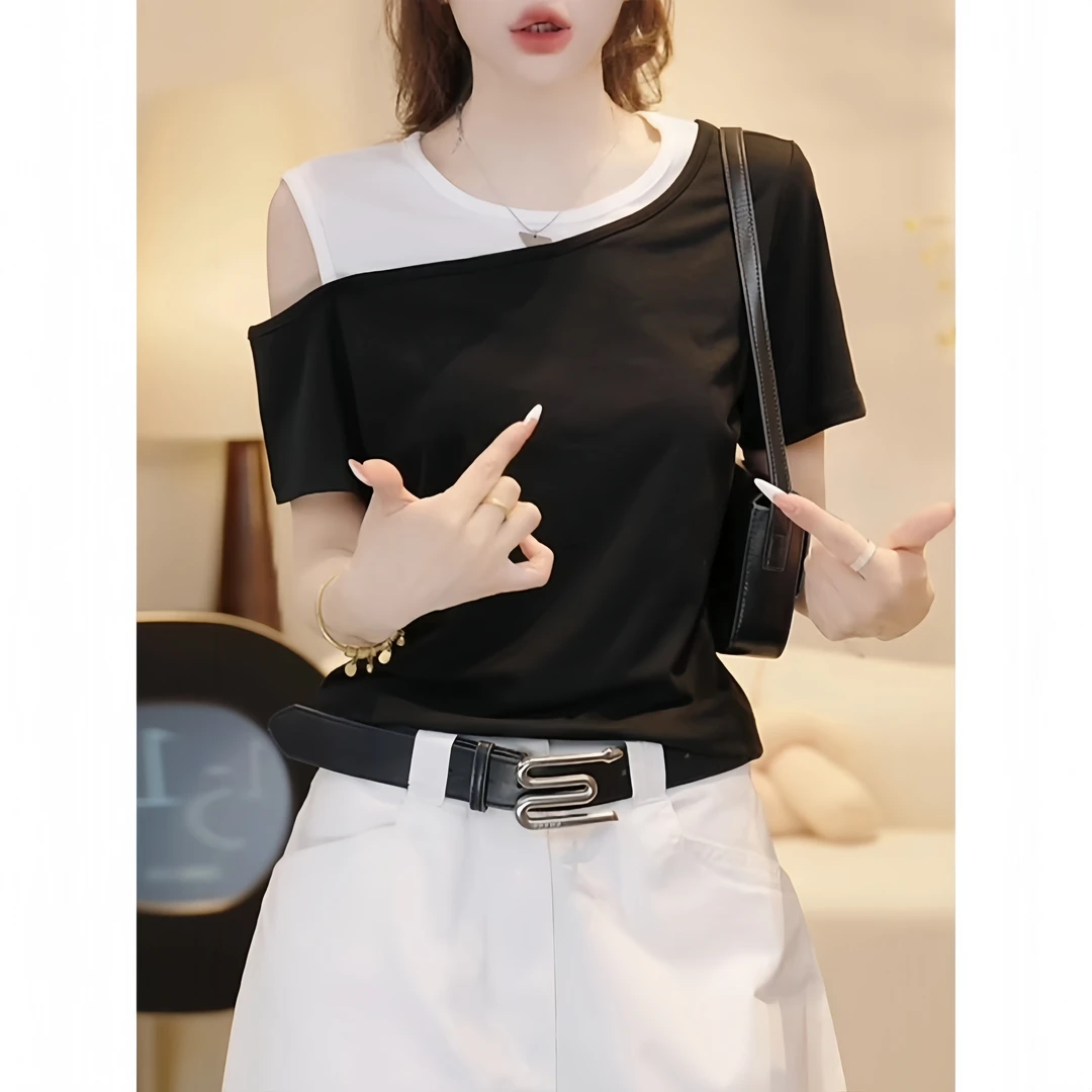 时尚假两件露肩条纹冰丝针织衫夏季新款撞色拼接短袖t恤套头上衣