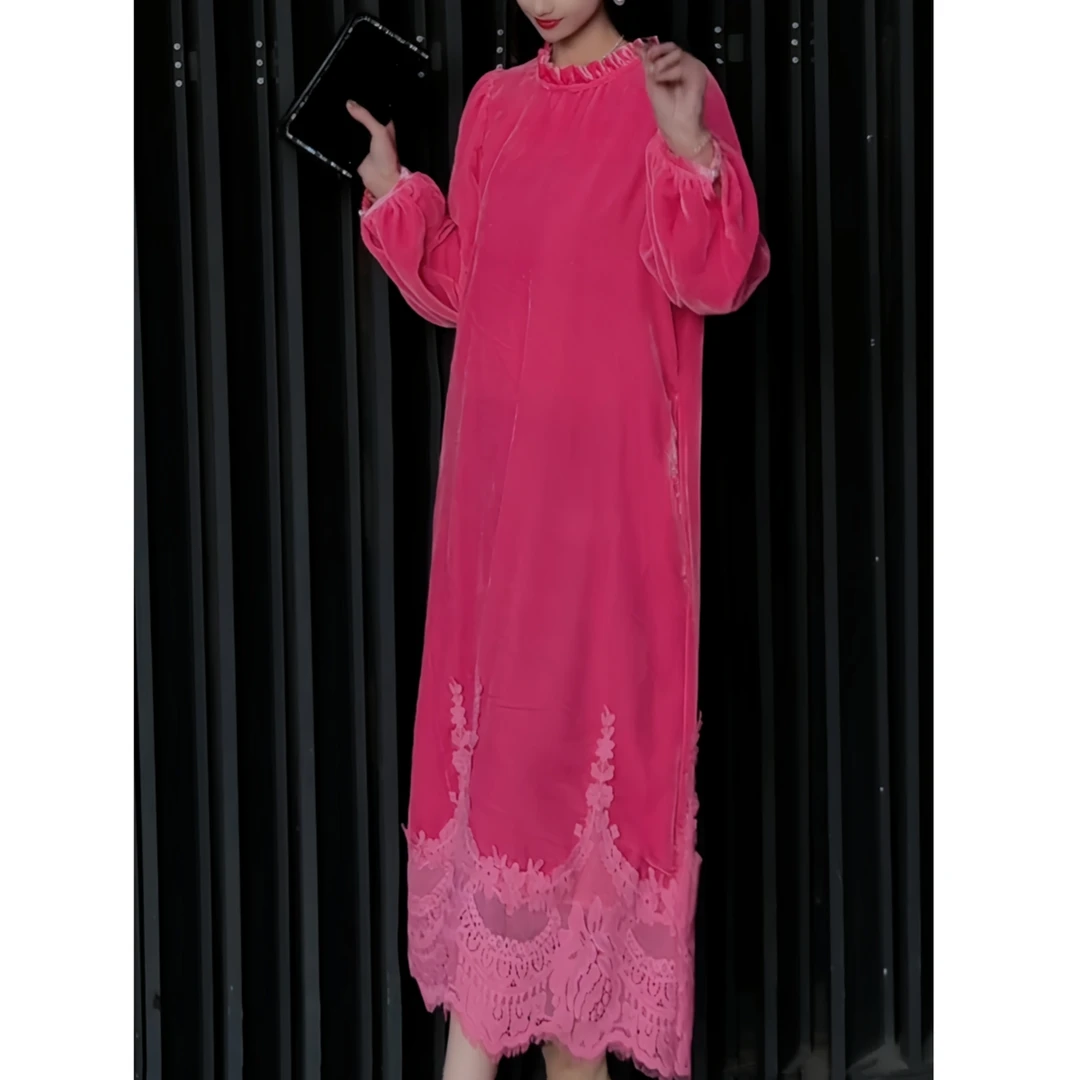 【热粉宝石】YAMO2025春秋新款显瘦气质高端真丝丝绒连衣裙 70123