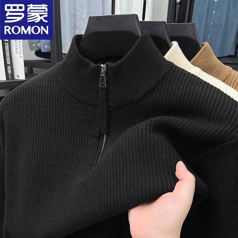 罗蒙时尚半高拉链套头针织衫秋冬季简约加厚纯色打底衫男士毛衣潮