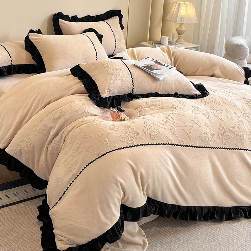 公主风高品质加厚立体雕花牛奶绒四件套加绒冬季双面绒被套被罩