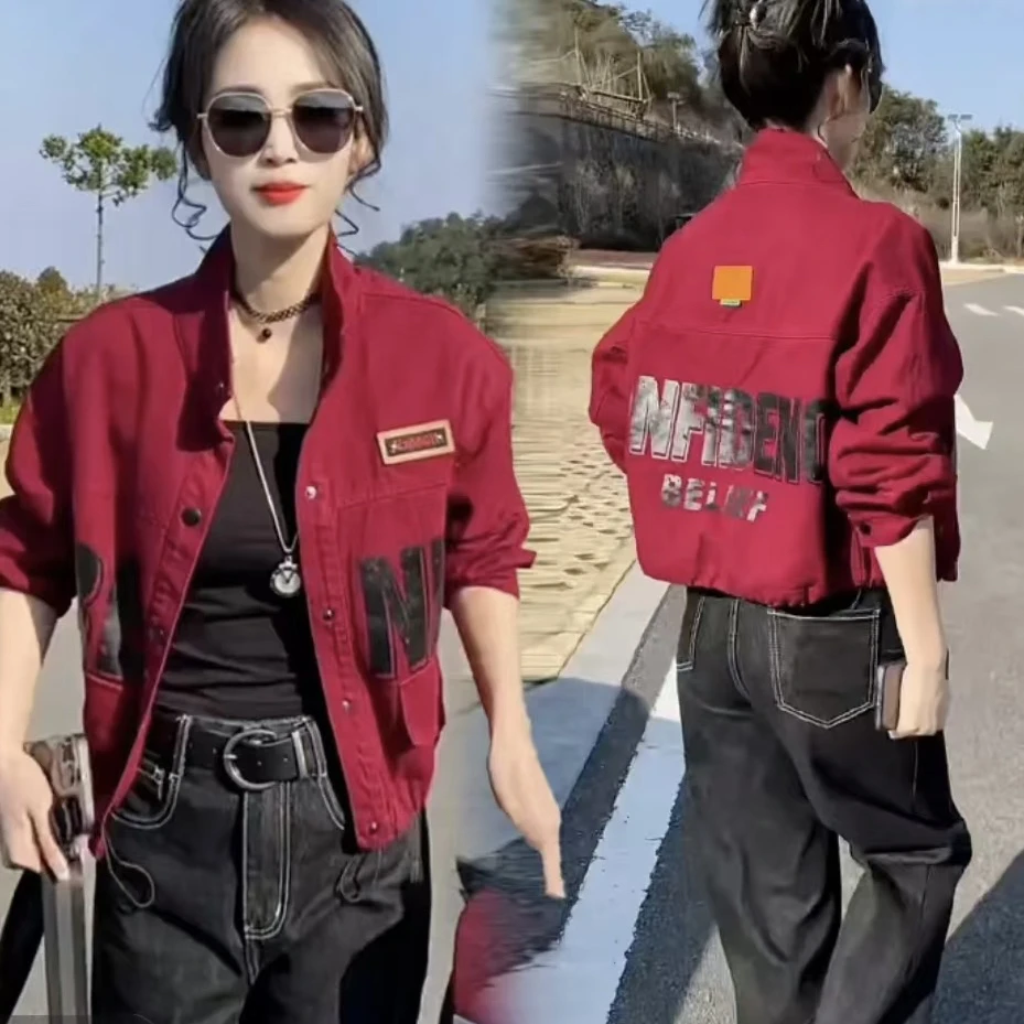 小个子百搭春秋女ins长袖V领秋季拼接短外套春季立领