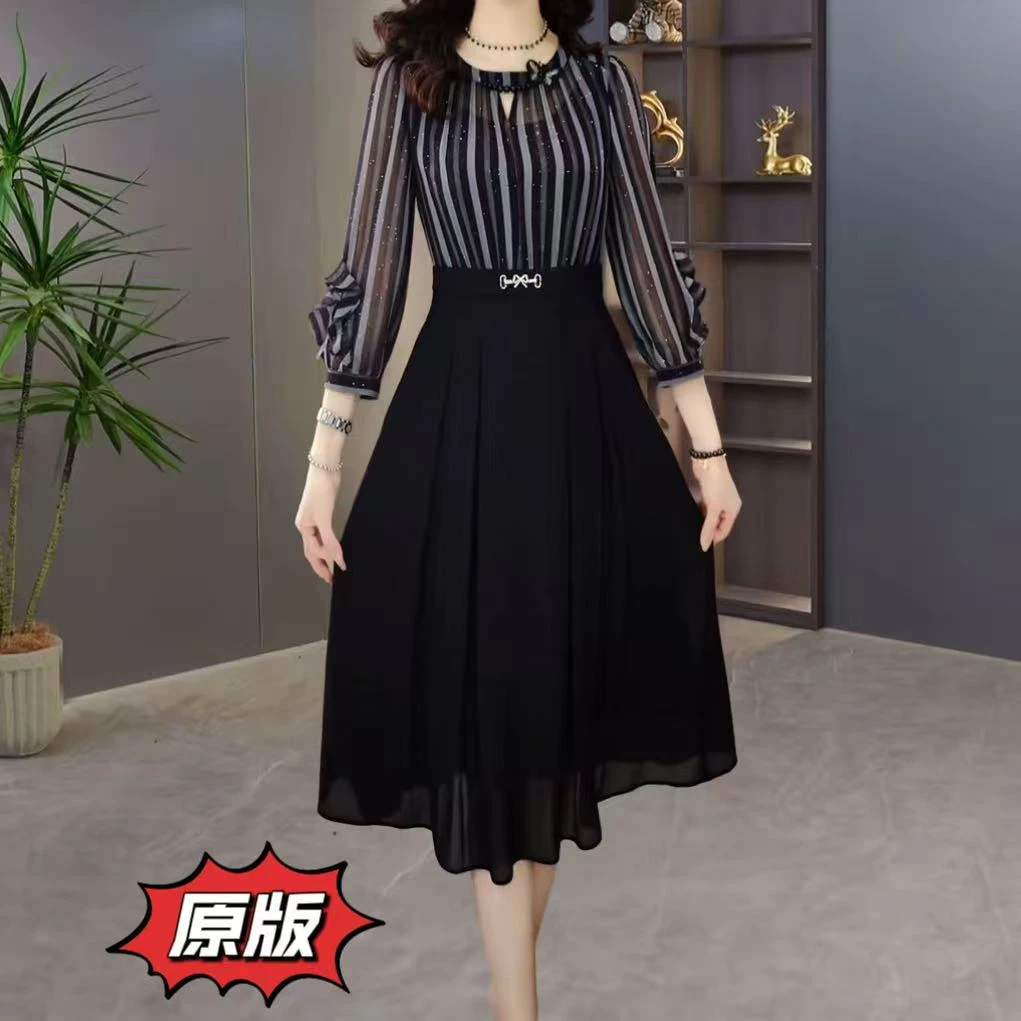 高档轻羽丝时尚假两件连衣裙2025秋季新款显瘦洋气轻奢减龄礼服裙