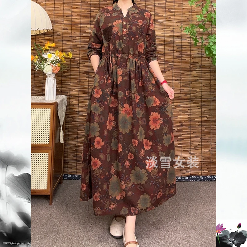 淡雪春季时尚复古V领气质优雅女装长袖收腰中长款抽绳遮肚连衣裙