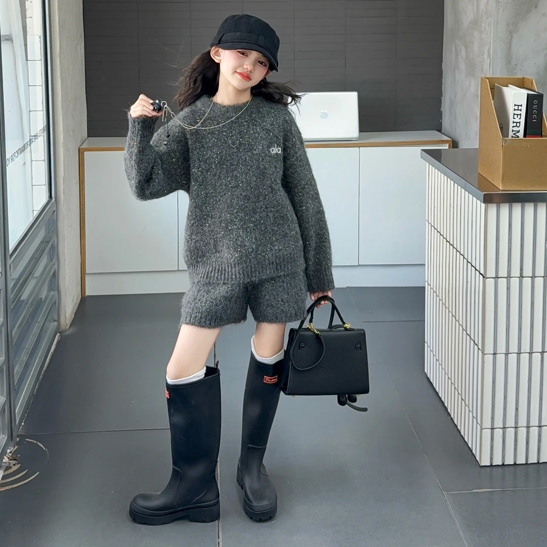 2025新款小香风套头洋气女童毛衣套装灰色韩版秋冬针织时尚网红潮