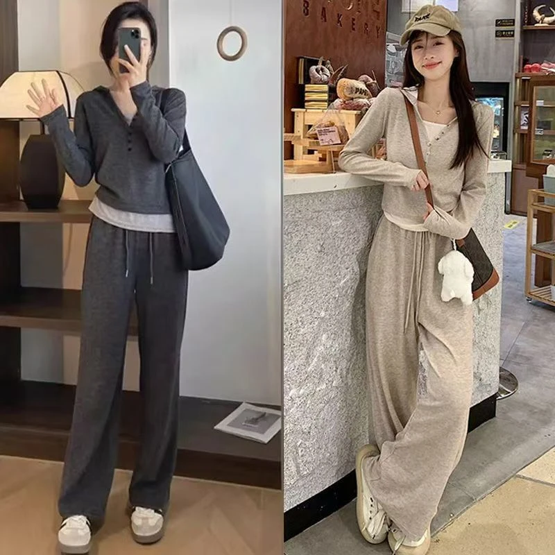 网红时尚休闲运动套装女士秋冬连帽显瘦宽松慵懒风阔腿裤两件套