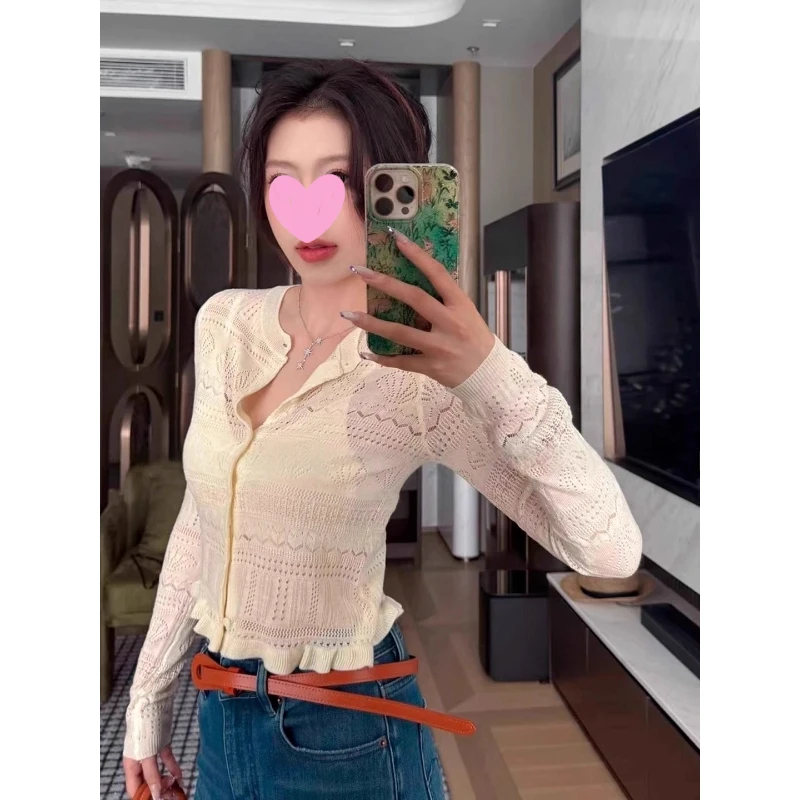 白色记忆法式海岛显瘦长袖针织开衫百搭镂空设计温柔时尚绝美上衣