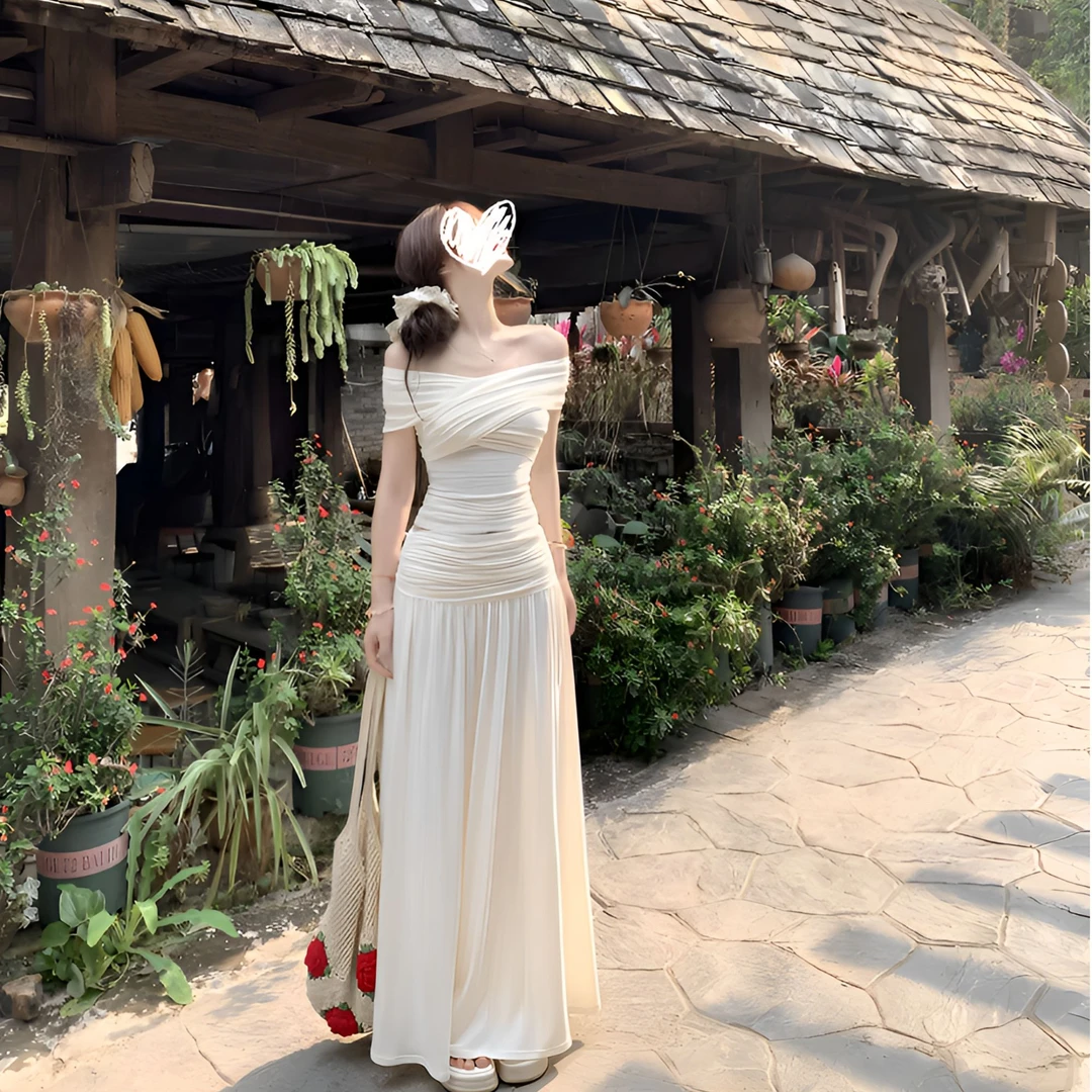 弹力一字肩修身交叉绑带两穿针织T恤上衣+长裙甜美可爱风套装2056