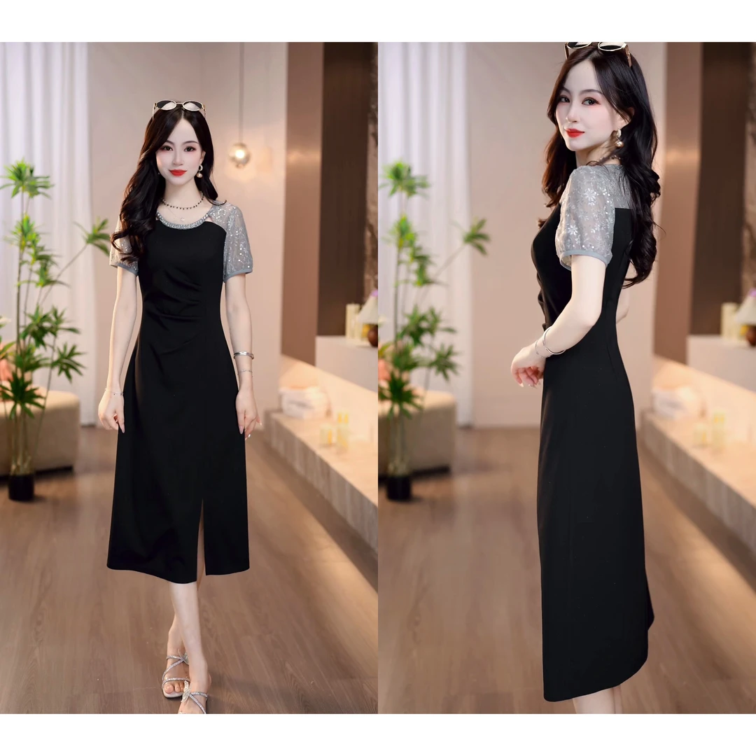 2025夏季新款灰黑小众拼接时髦洋设计长款修身连衣裙M-4XL