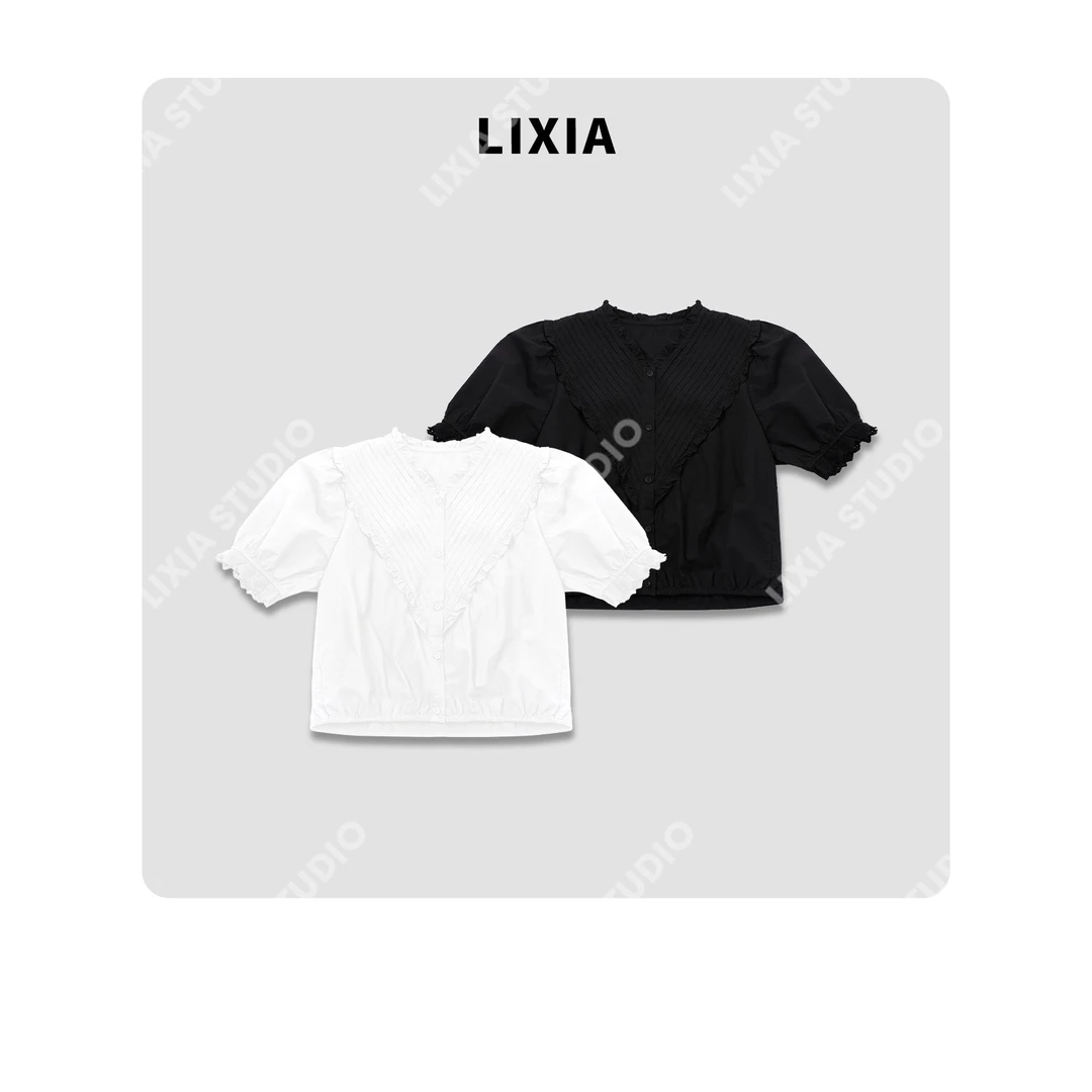 LIXIA【夏日花开】夏季薄款小V领设计感荷叶领衬衫花边袖衬衫-D8235