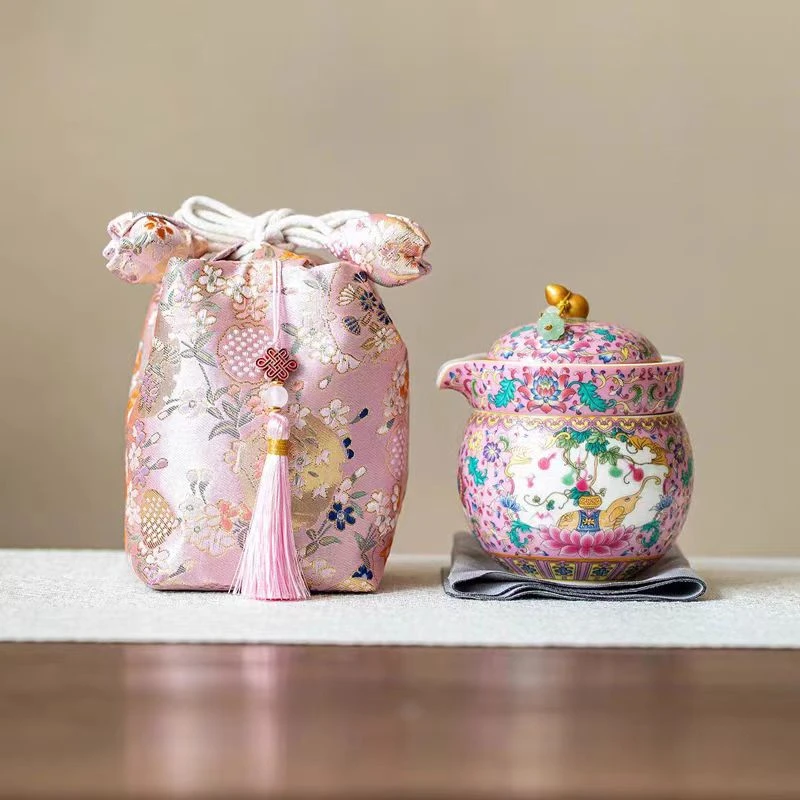 珐琅彩桃粉一壶一杯旅行茶具套装家用便携式茶具套装茶具套装