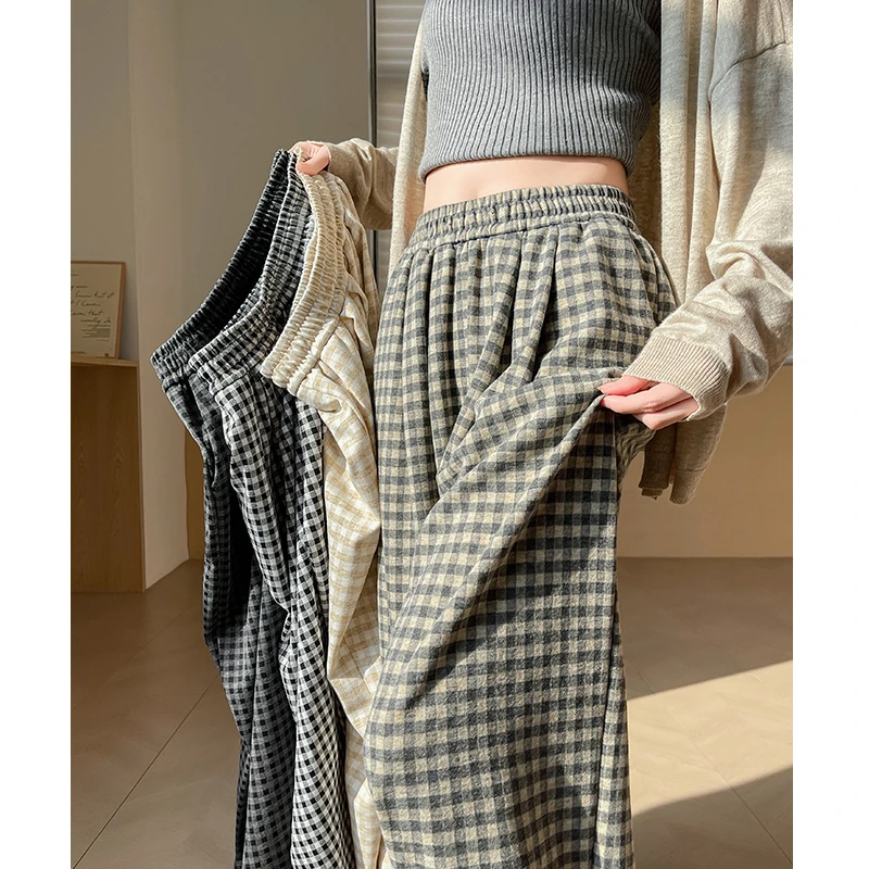 2025新款韩系撞色格子休闲裤女秋高腰宽松显瘦直筒慵懒休闲阔腿裤