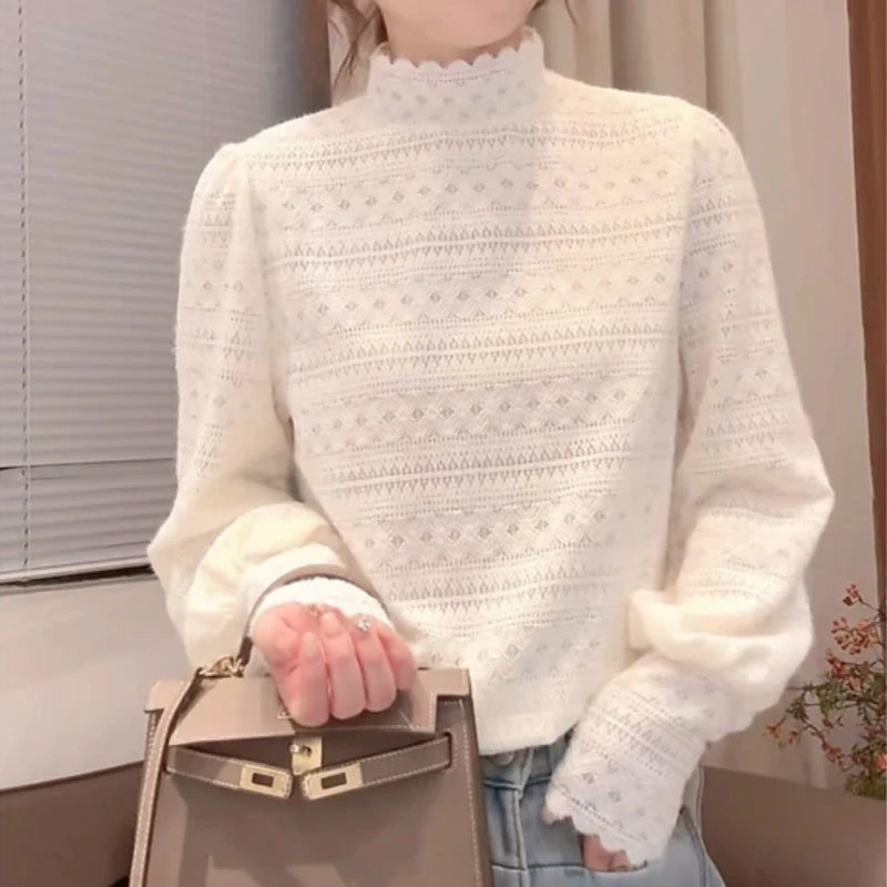 韩版磨毛蕾丝打底衫女加绒加厚小衫秋冬新款时尚百搭修身显瘦上衣