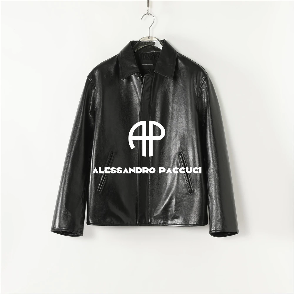 AP洛哥54058PY【暗域】黑标/无涂蜡感羊皮夹骆驼绒翻领时尚皮衣