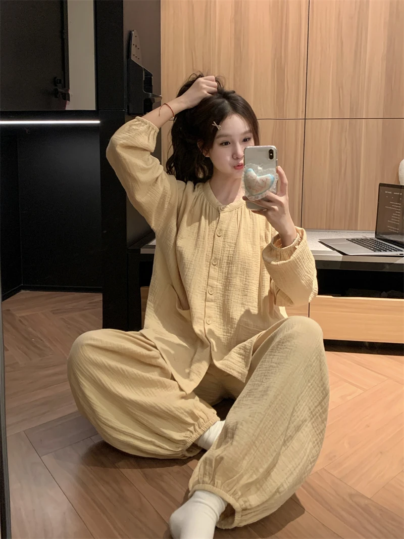 长袖睡衣女带胸垫秋季宽松慵懒软棉纱布简约纯色家居服春款套装