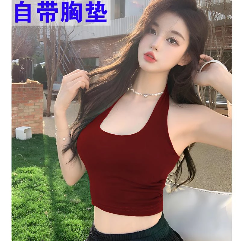 甜辣风酒红色吊带背心带胸垫性感T恤辣妹露脐短款挂脖上衣女内搭