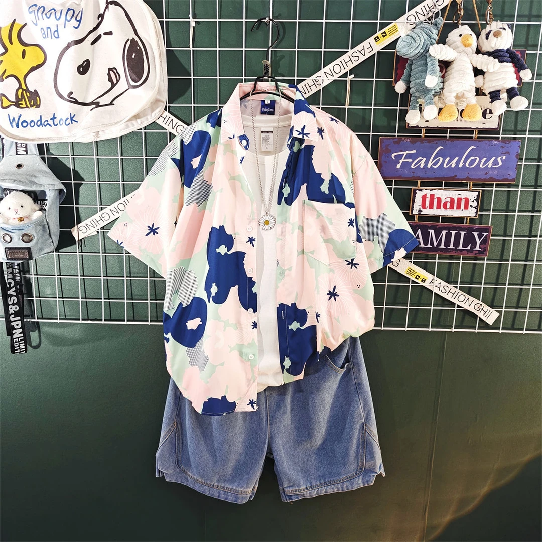 夏威夷男装一整套穿搭休闲三件套装男夏季宽松迷彩短袖衬衫痞帅气