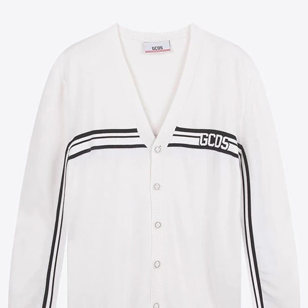 GCDS新品logo条纹V领羊毛修身男开衫针织衫毛衣CC94M020003-01