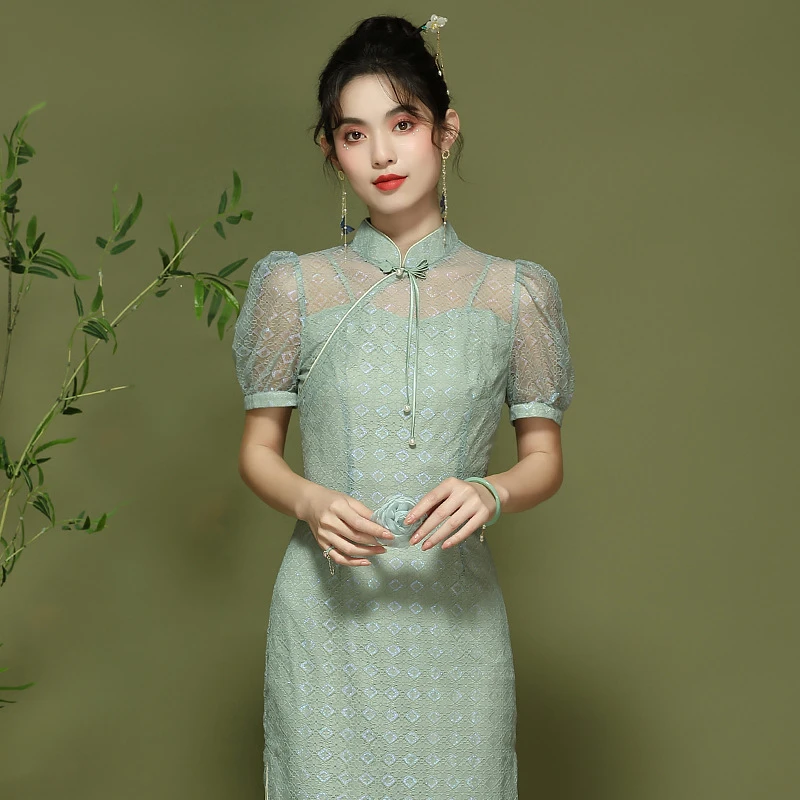 【千蚕云锦】中式旗袍夏季新款气质年轻款蕾丝连衣裙中长款24139