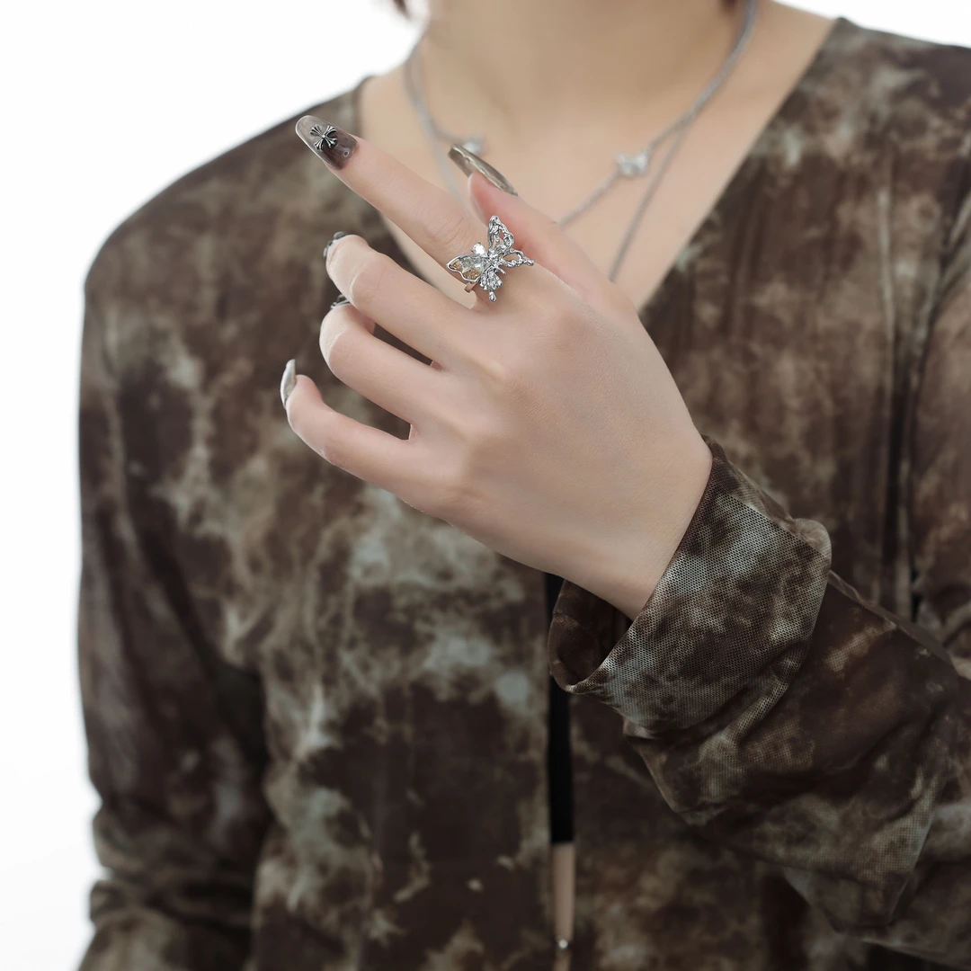 合金锆石戒指 原创橙白渐变蝴蝶锆石切割指戒超闪轻奢ins