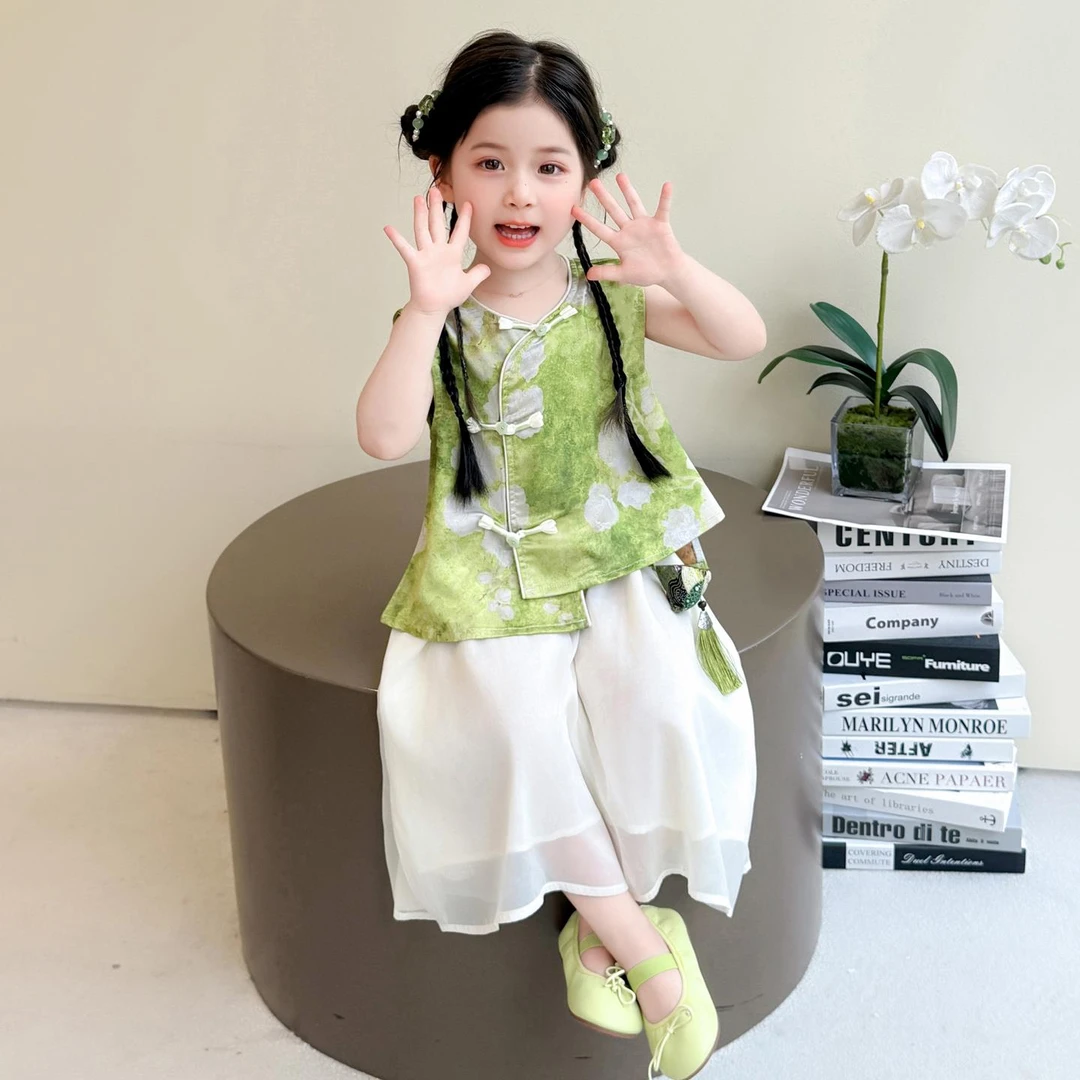 女童新中式无袖套装夏2025新款儿童国风马甲阔腿裤两件套宝宝汉服