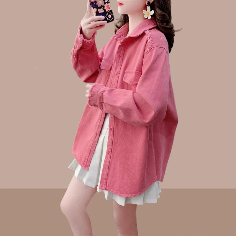 休闲衬衫外套女2025春秋新款小衫大码宽松中长款粉色牛仔衬衫上衣