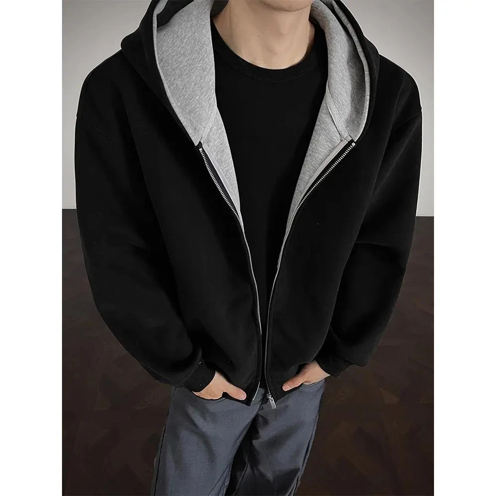 美式重磅黑色双面开衫连帽卫衣男春秋高级感宽松硬挺短款上衣外套