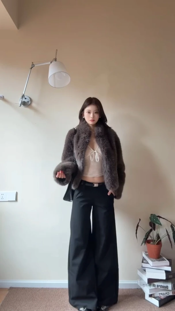 简约休闲乌木灰棕冬季立领厚实保暖宽松时髦短款毛毛外套棉服女