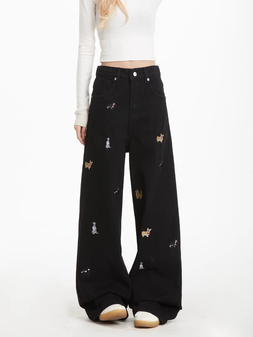 A1MP趣味小狗刺绣牛仔裤男女潮美式复古水洗做旧显瘦直筒阔腿裤子