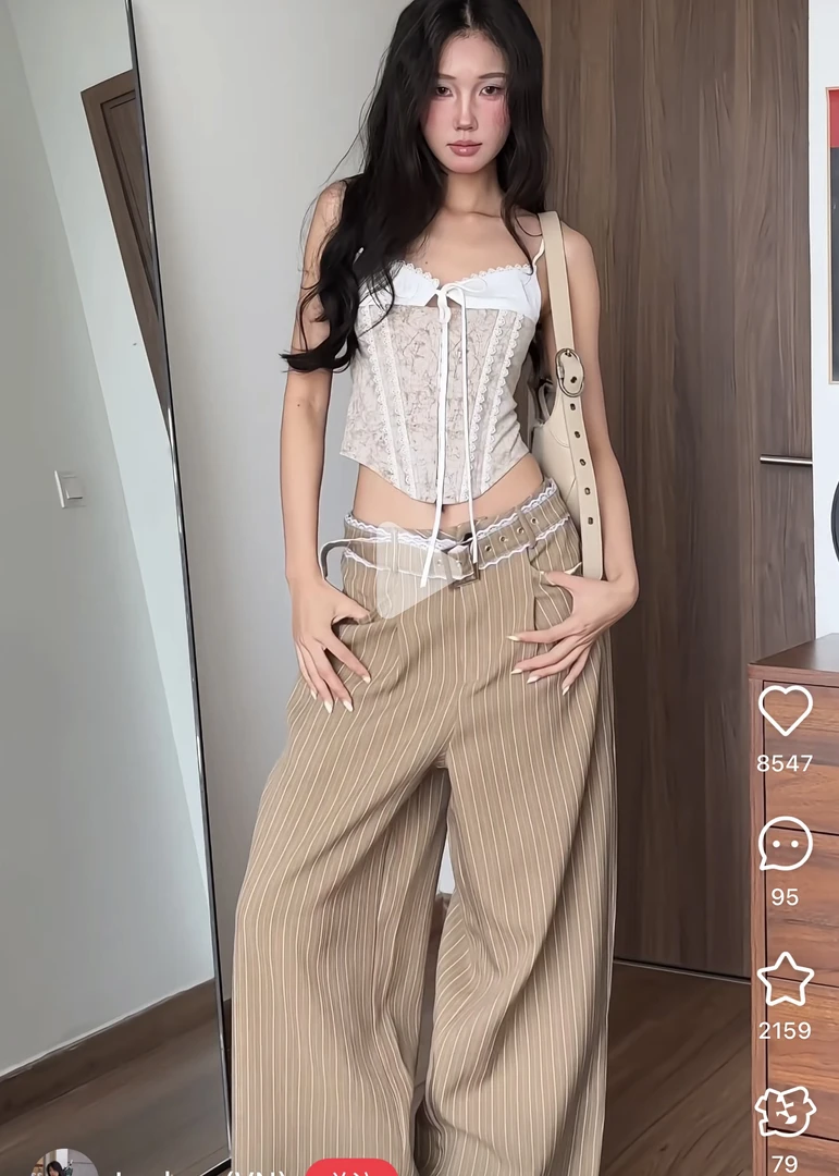 MIXI女夏新款辣妹蕾丝拼接吊带背心上衣高腰条纹刺绣阔腿裤两件套