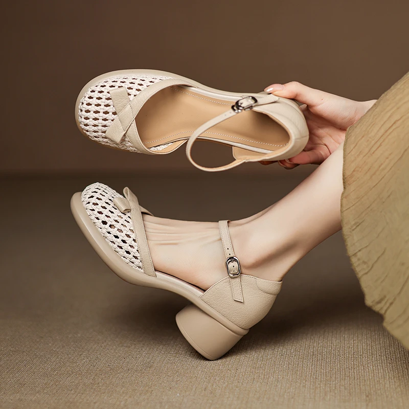 5cm/羊皮/爆款编织蝴蝶结复古夏季舒适粗跟真皮一字带凉鞋女