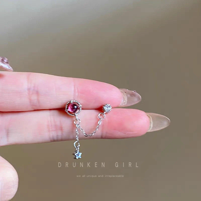 双耳洞链条耳骨链耳钉女甜酷y2k辣妹炫粉色芒星耳环2025新款耳饰