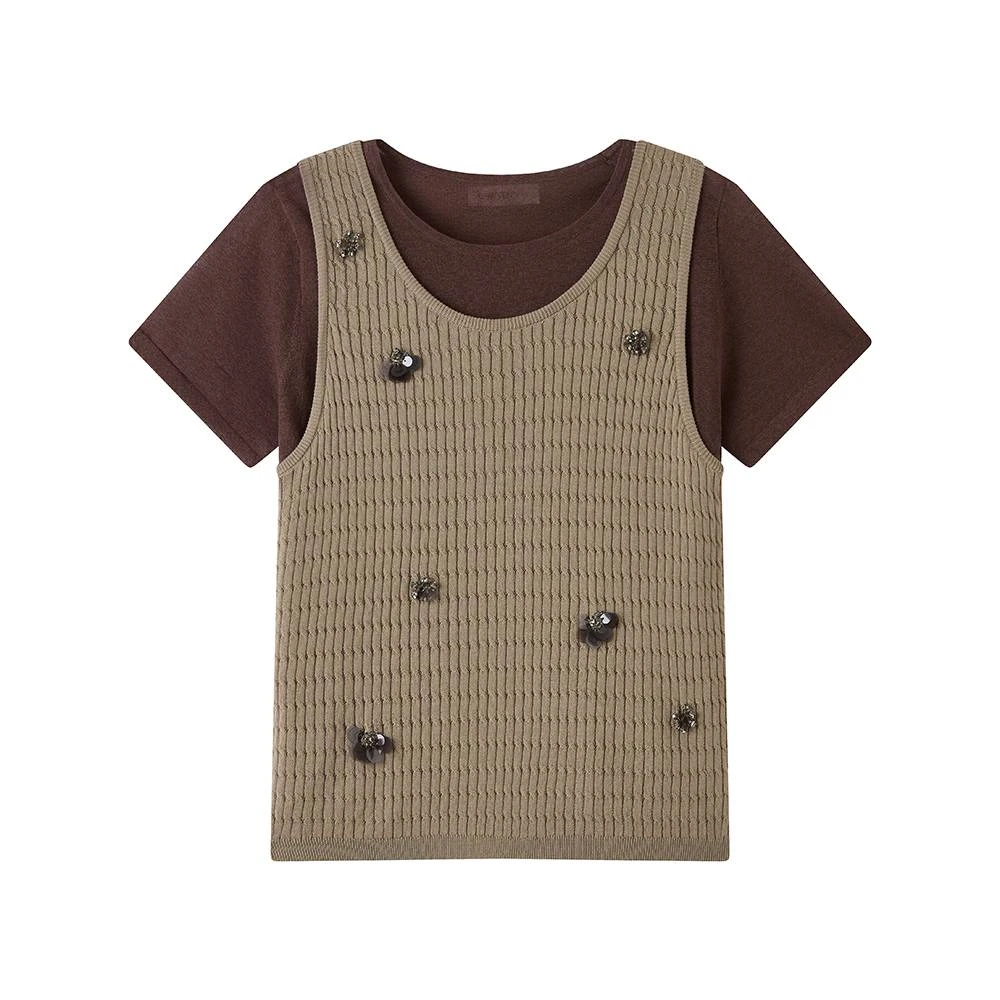 AVVENN设计师品牌 25秋新品 真两件镶嵌小花背心T恤两件套