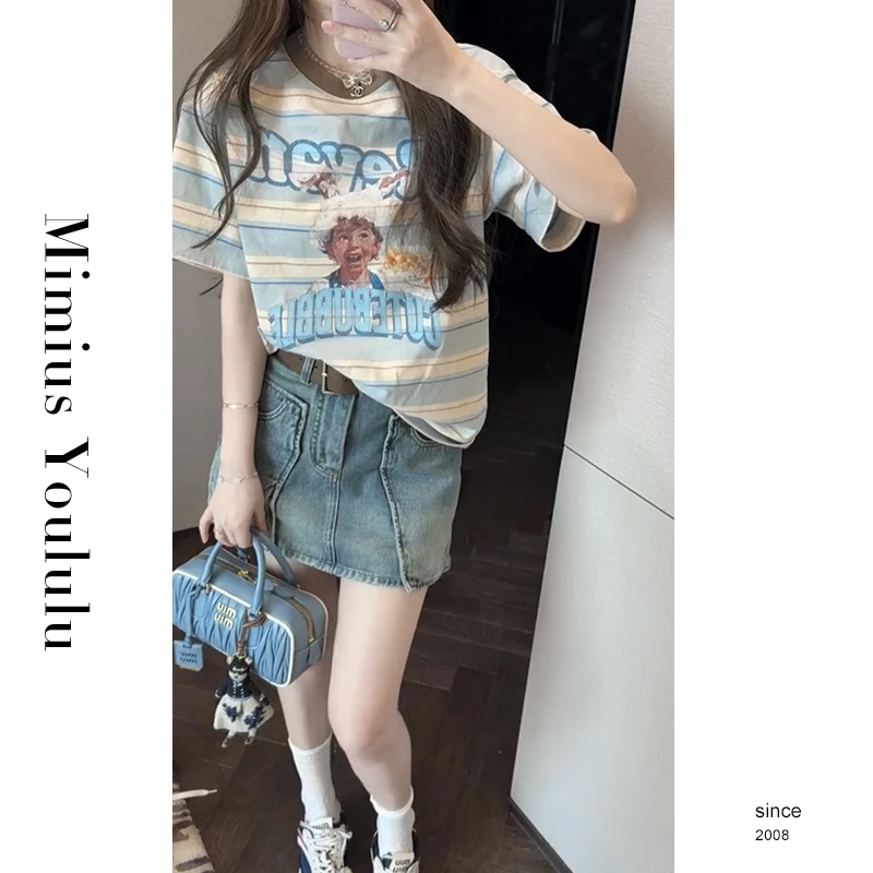 【mimius】喵喵 撞色卡通印花显瘦T恤+牛仔半身裙裤（含腰带） G03284