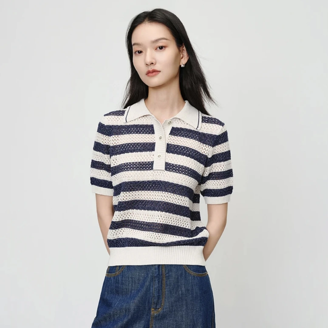 EP春季新款女装时尚翻领长绒棉短袖条纹polo针织衫9515A