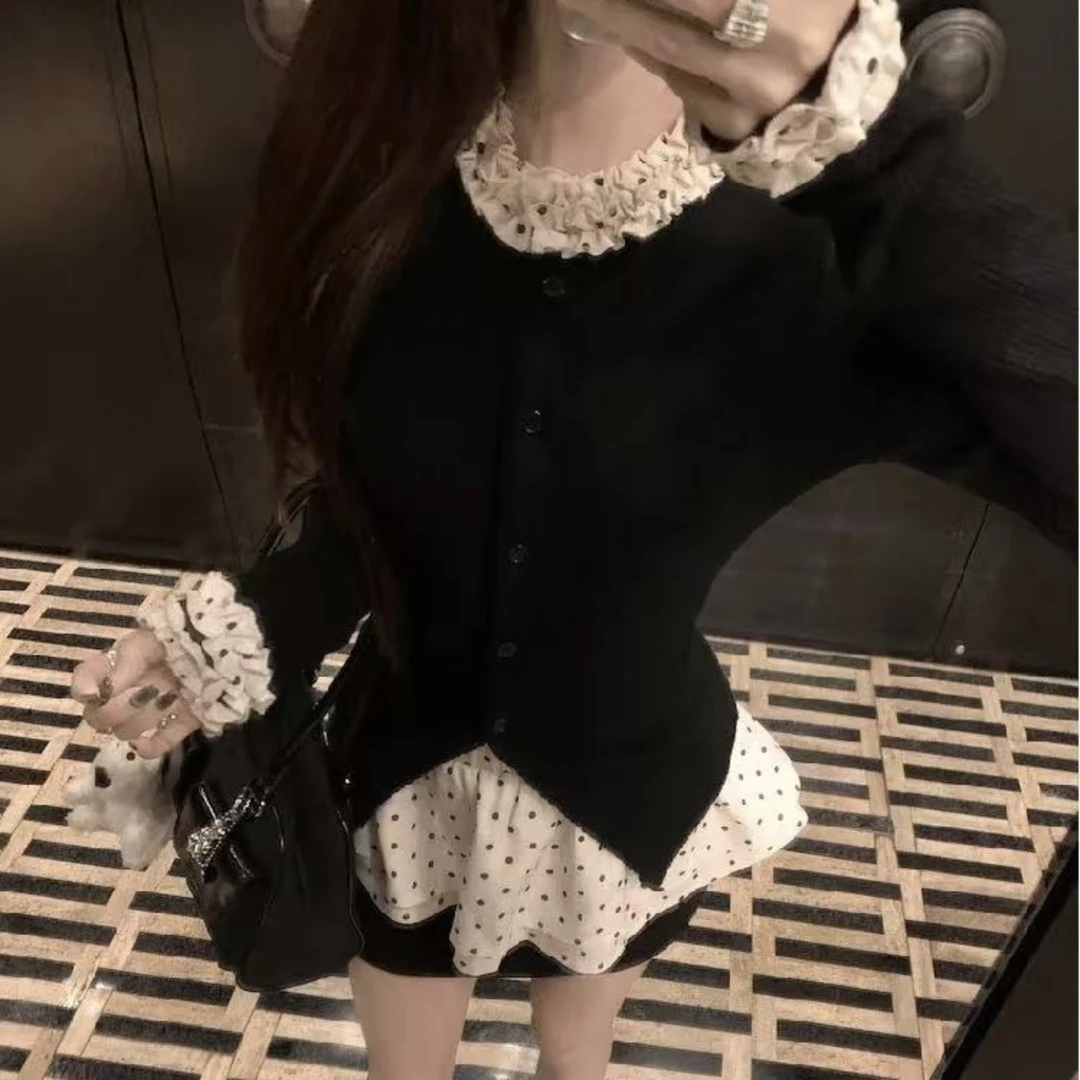 大码韩系千金小香风套装女设计感波点撞色辣妹上衣半裙miu系两件