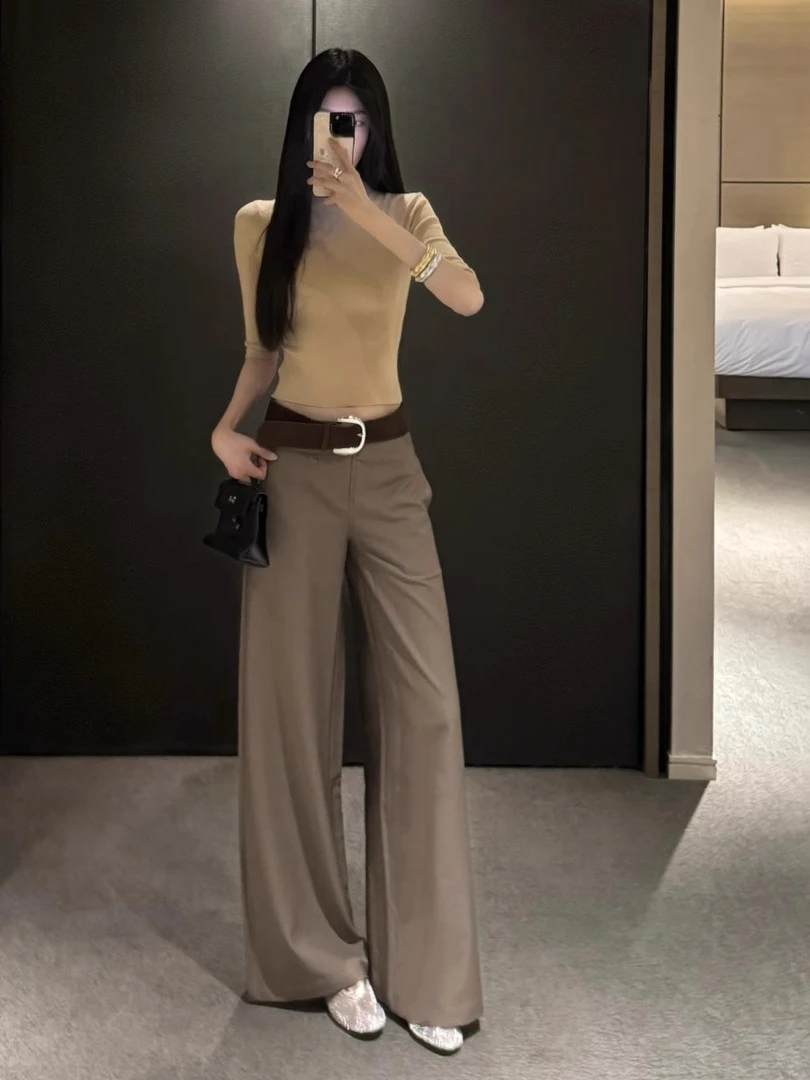 咖色长裤女秋季小个子显瘦高腰西装休闲裤时尚宽松阔腿裤子拖地裤