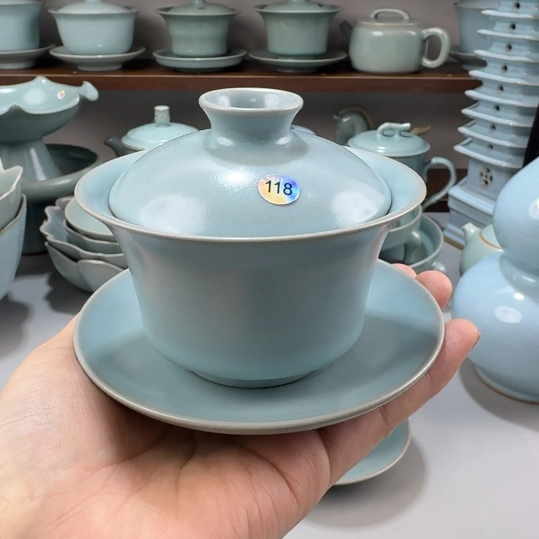 瓷摆件编号118号汝窑仿古釉三才马蹄盖碗