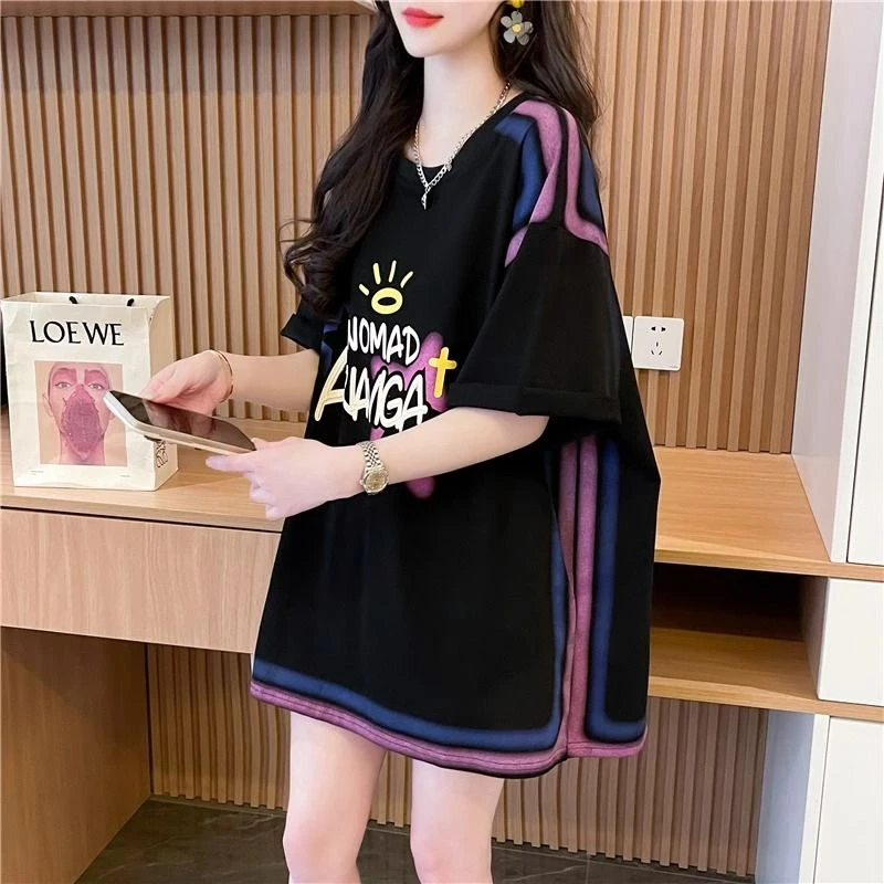 休闲百搭洋气夏季短袖T恤女2025新款韩版宽松中长款半袖体恤上衣