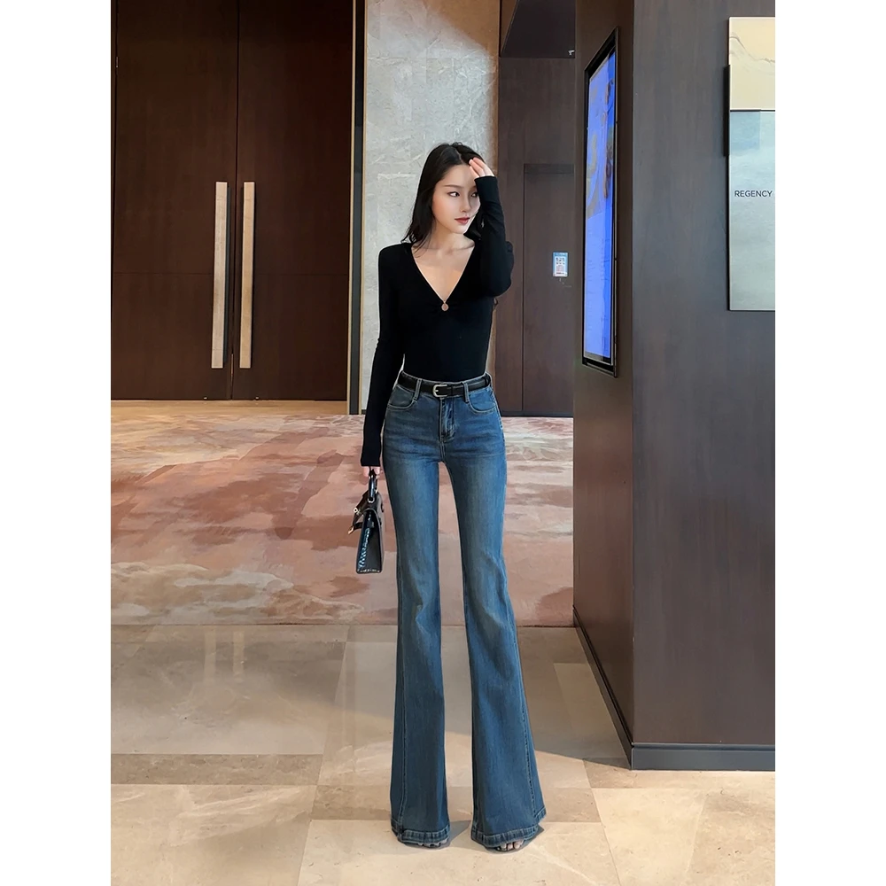 春秋新款高腰修身显瘦微喇牛仔裤女2025欧若风复古蓝辣妹喇叭长裤