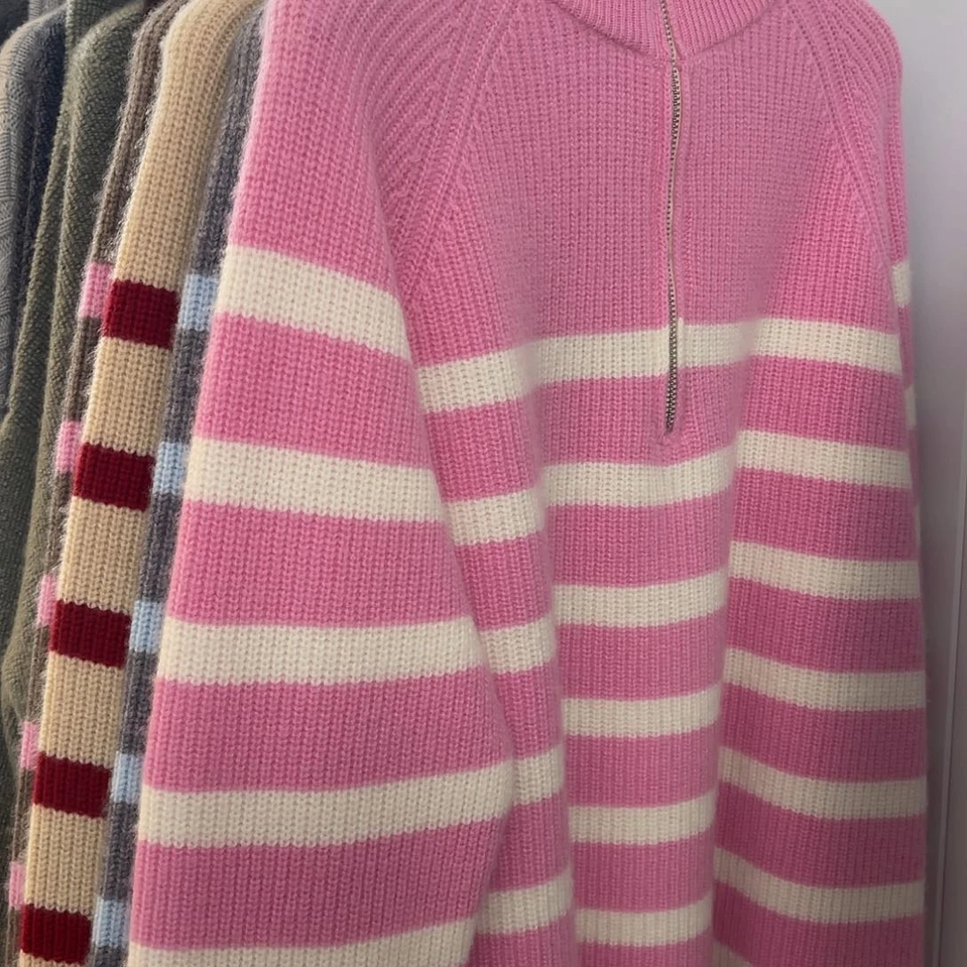 半拉链 条纹 拼色 羊绒衫