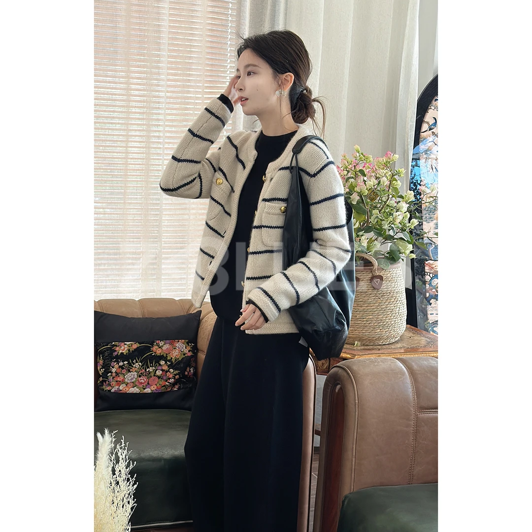 Z.blues【重温旧梦】进口小香细闪奢品山羊绒条纹针织开衫YZPSR5025