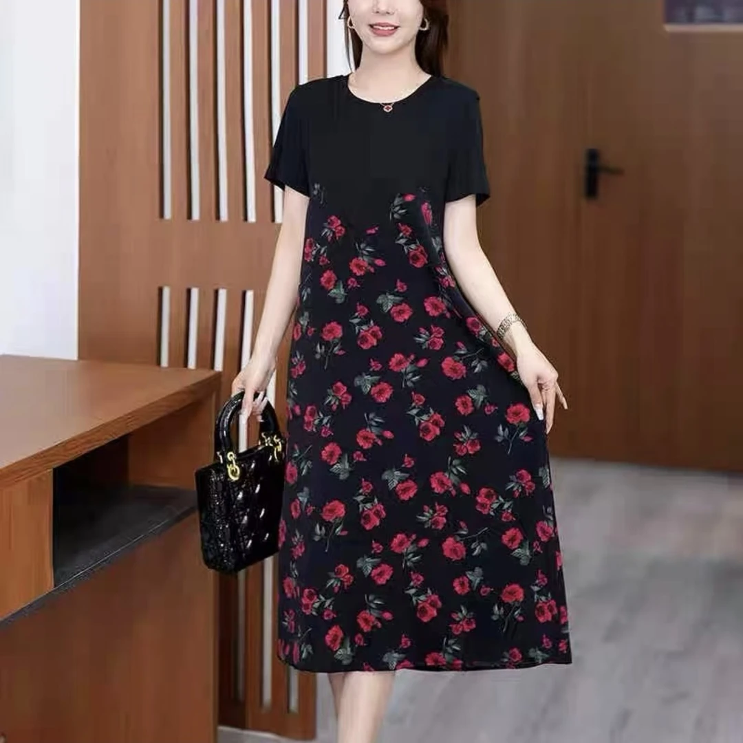 5031夏季新款气质碎花连衣裙女夏季纯色裙妈妈装