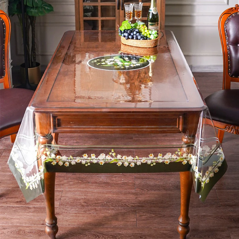 轻奢透明餐桌布茶几台布防油防水防烫软玻璃印花长方桌垫pvc美式