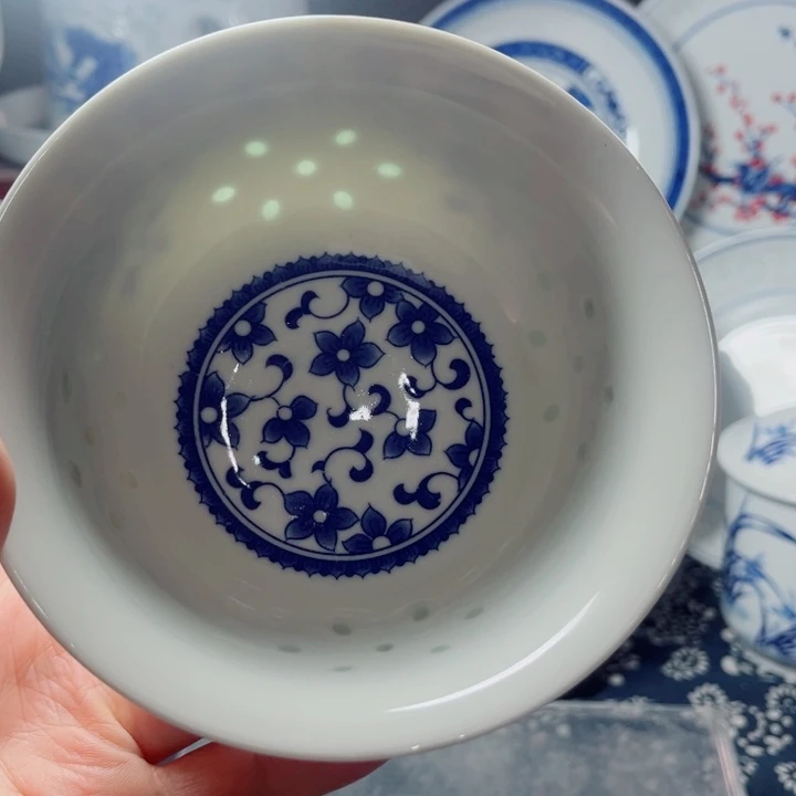 青花玲珑5寸饭碗紫荆花无花